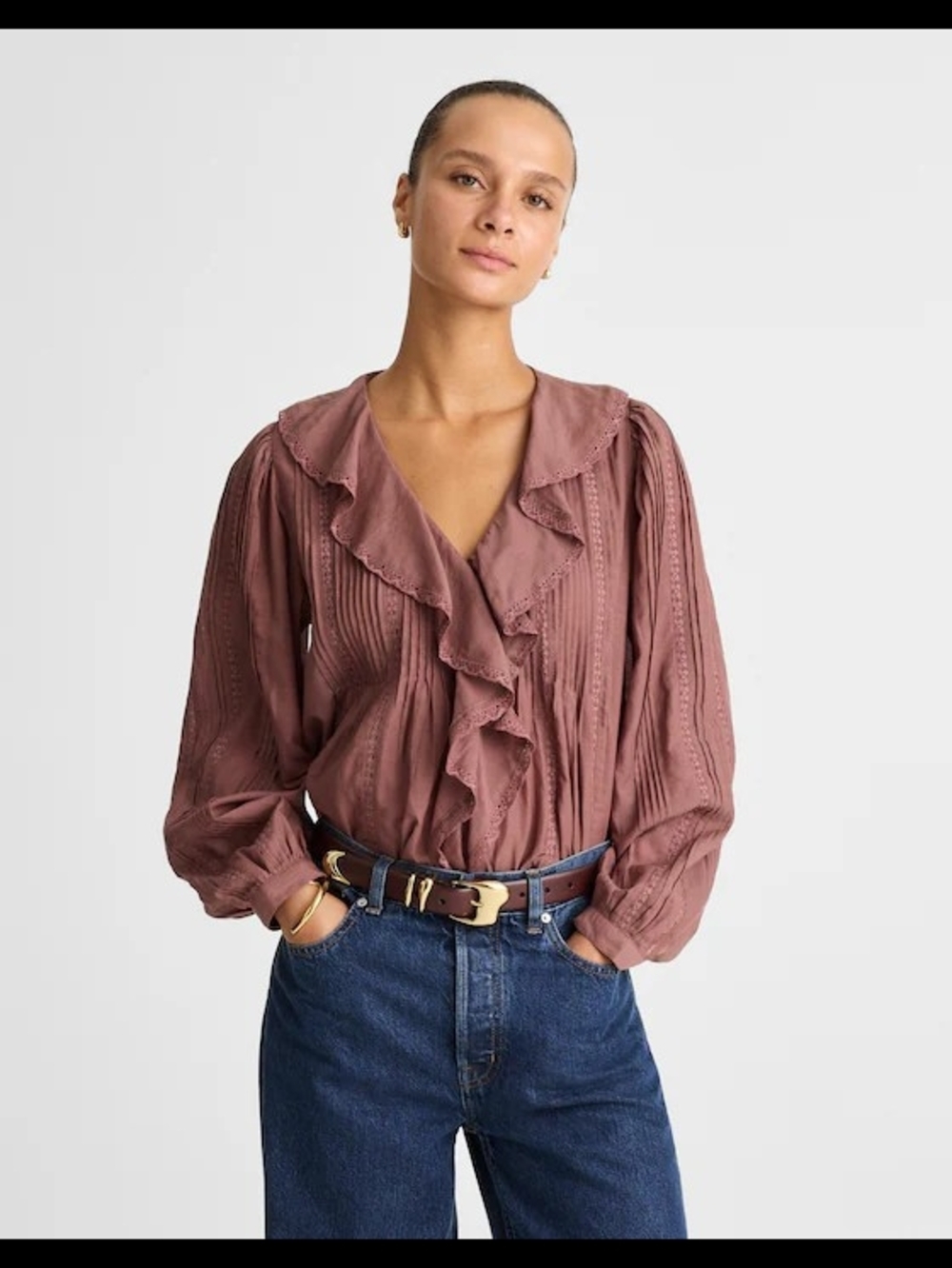 Madewell Lace-Insert Ruffled Pintuck Long-Sleeve Top, size S